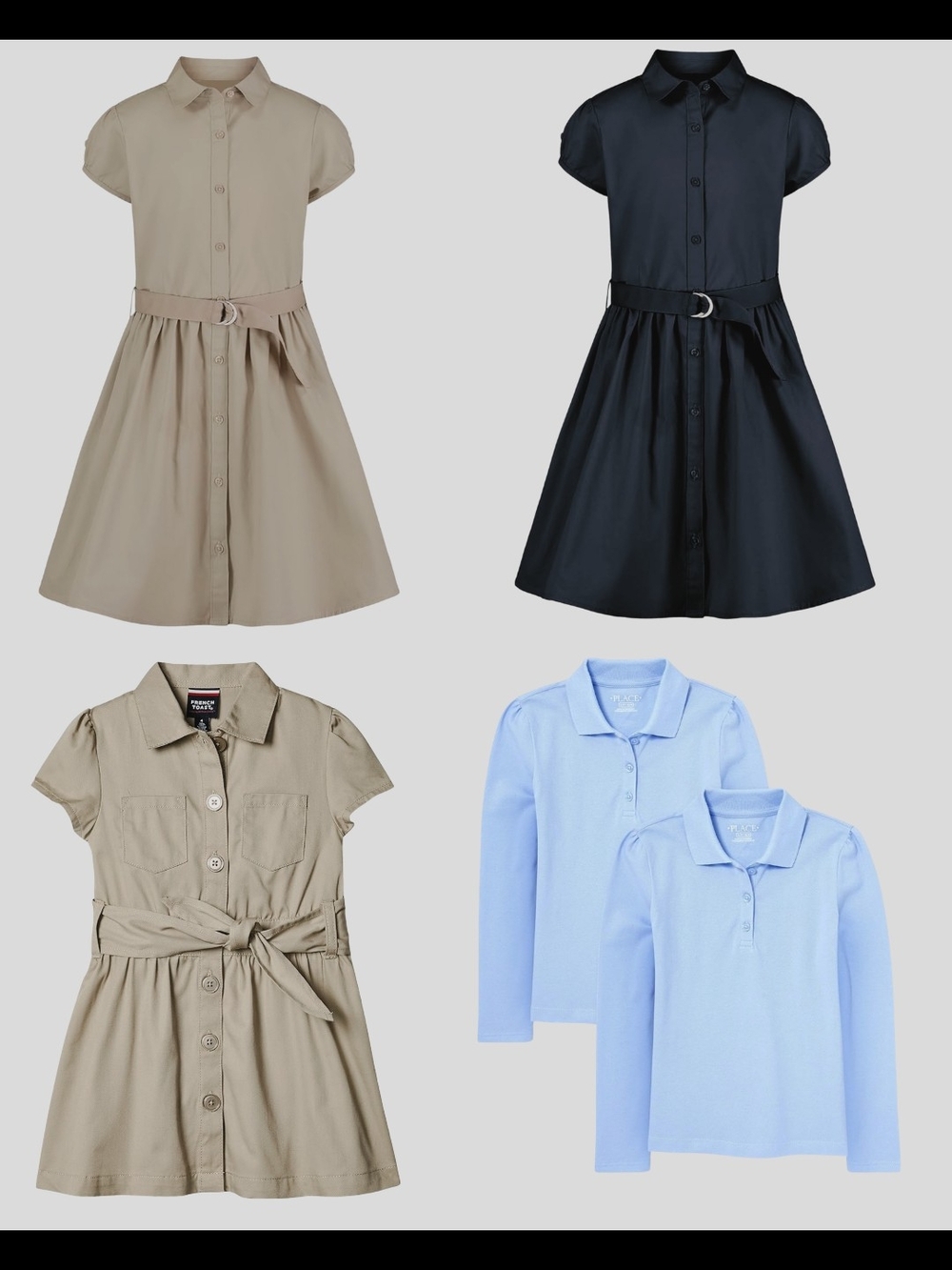 [7pc Bundle] Girls' Uniform Shirt Dress — Beige/Navy